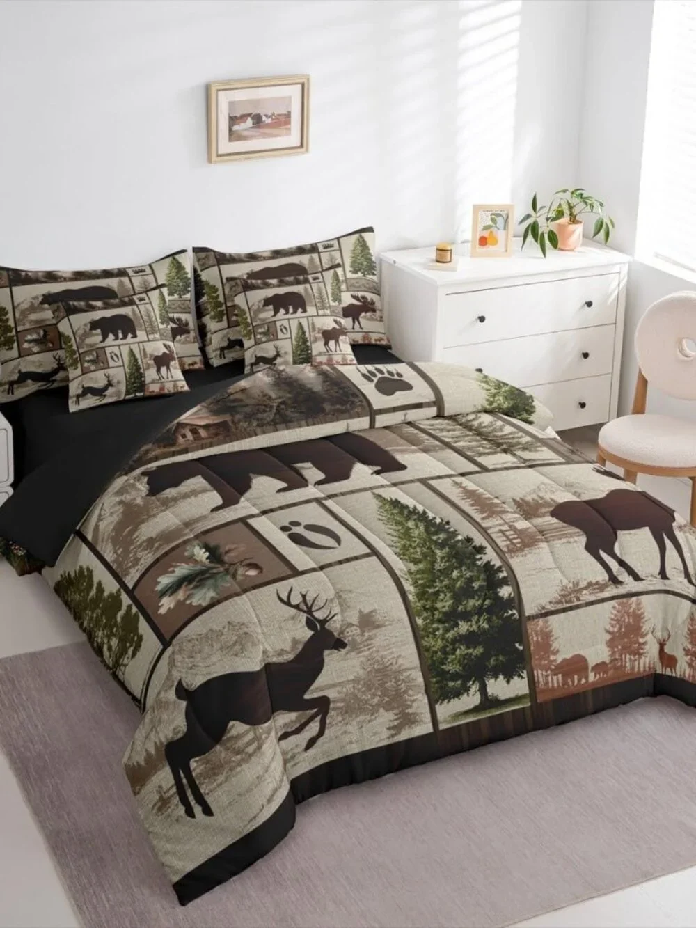 Farmhouse Cabin Bedding Set 7 Pieces,Lodge Bear Deer King Size Comforter Set wit